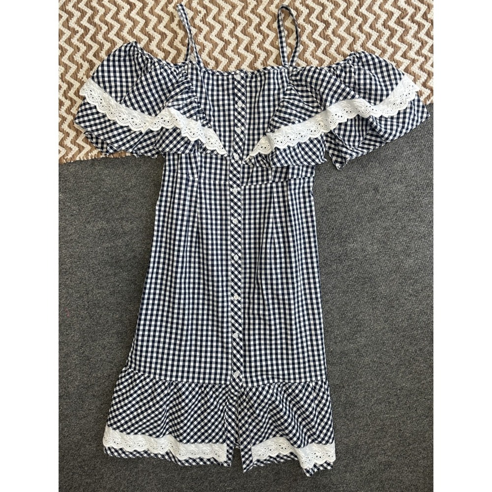 Walter Baker Size S Dress Off Shoulder Black White Gingham Plaid Prairie Eyelet